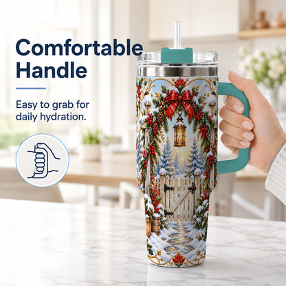 #pl[40oz|Green] Winter Garden Gate 40oz Tumbler with Handle, Christmas Lantern Design
