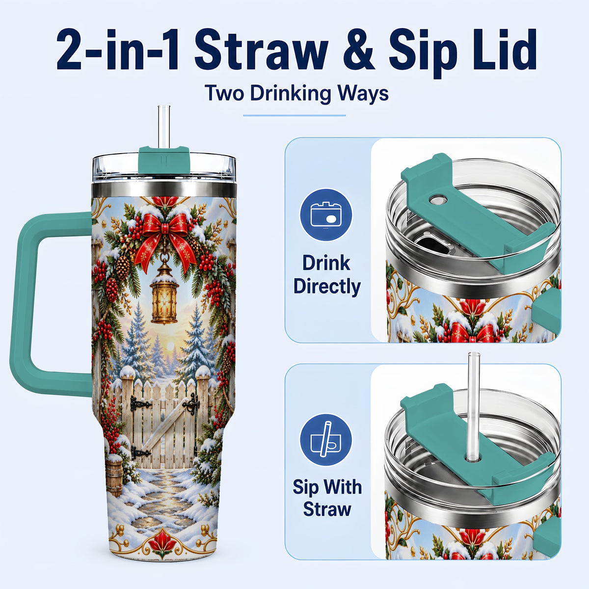 #pl[40oz|Green] Winter Garden Gate 40oz Tumbler with Handle, Christmas Lantern Design