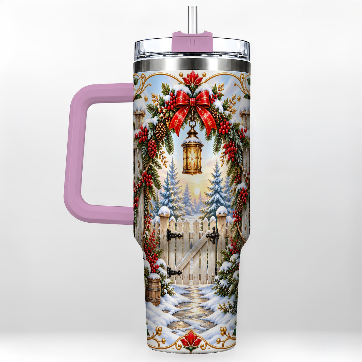 #pl[40oz|Pink] Winter Garden Gate 40oz Tumbler with Handle, Christmas Lantern Design