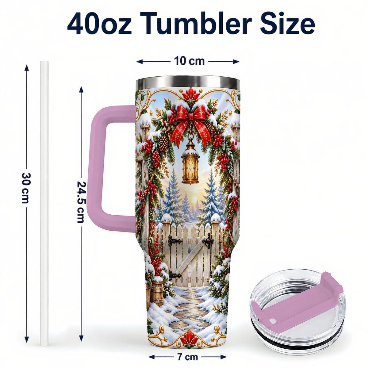 #pl[40oz|Pink] Winter Garden Gate 40oz Tumbler with Handle, Christmas Lantern Design