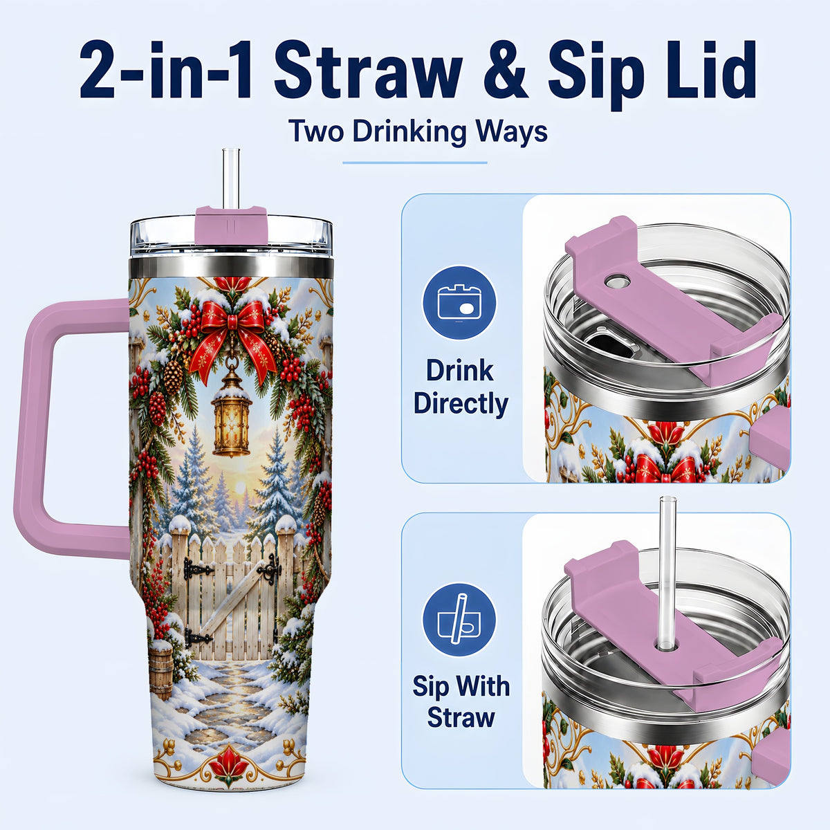 #pl[40oz|Pink] Winter Garden Gate 40oz Tumbler with Handle, Christmas Lantern Design