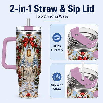 #pl[40oz|Pink] Winter Garden Gate 40oz Tumbler with Handle, Christmas Lantern Design