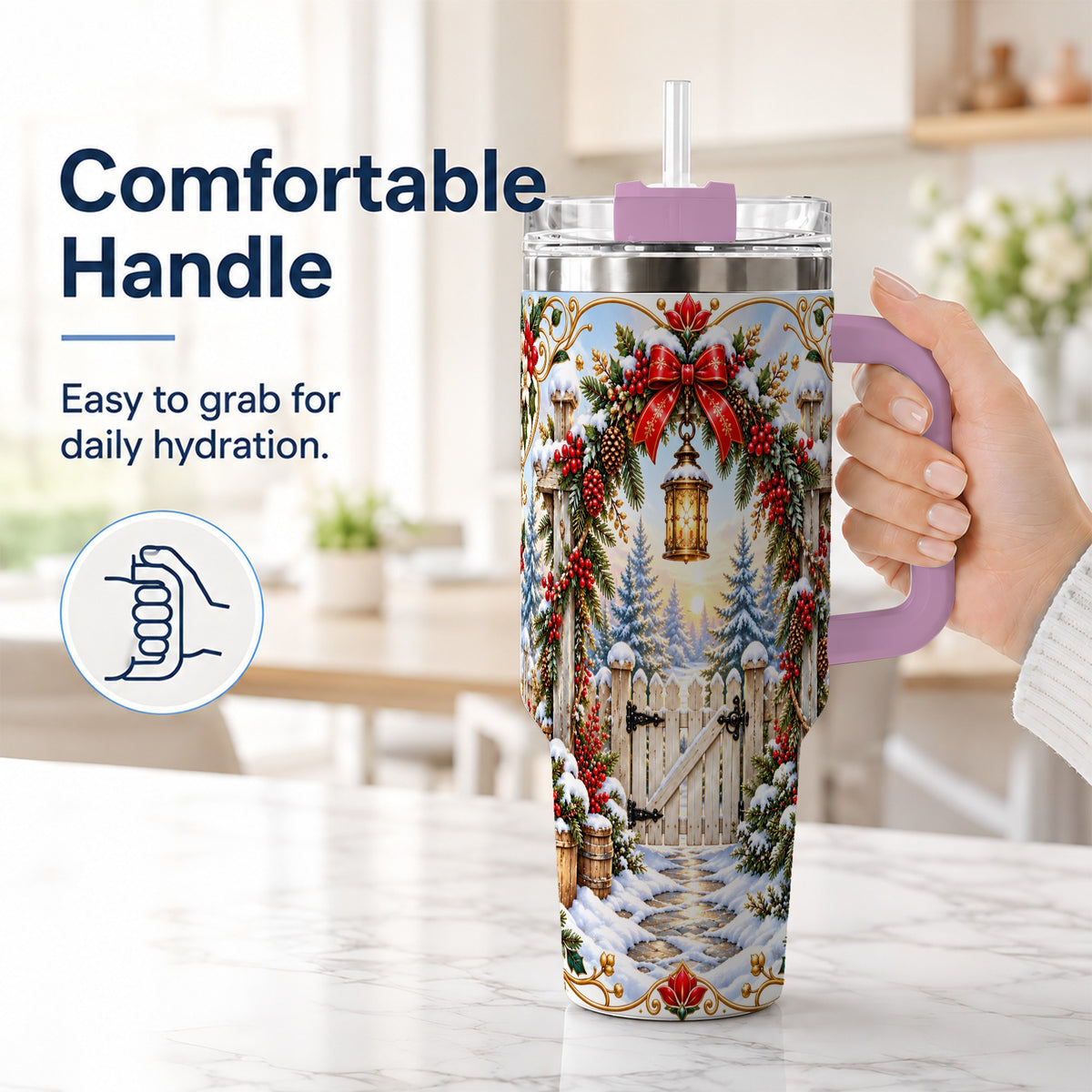 #pl[40oz|Pink] Winter Garden Gate 40oz Tumbler with Handle, Christmas Lantern Design