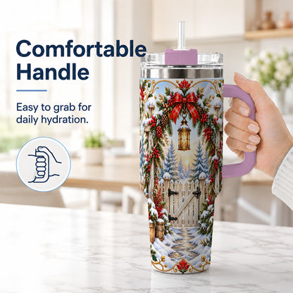 #pl[40oz|Pink] Winter Garden Gate 40oz Tumbler with Handle, Christmas Lantern Design