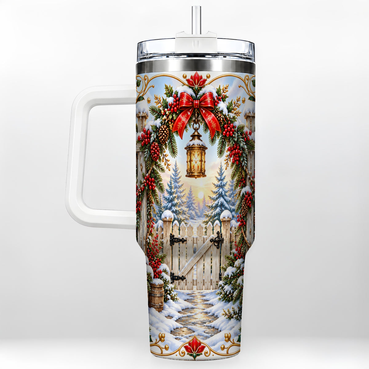 Winter Garden Gate 40oz Tumbler with Handle, Christmas Lantern Design