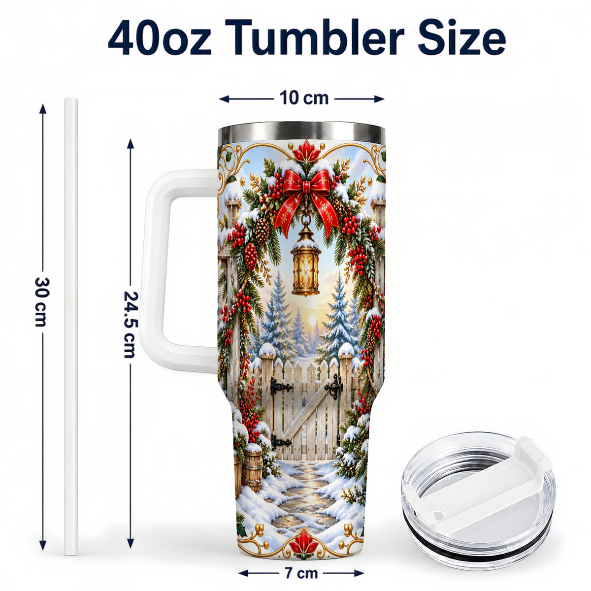 #pl[40oz|White] Winter Garden Gate 40oz Tumbler with Handle, Christmas Lantern Design