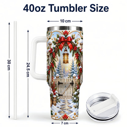 #pl[40oz|White] Winter Garden Gate 40oz Tumbler with Handle, Christmas Lantern Design