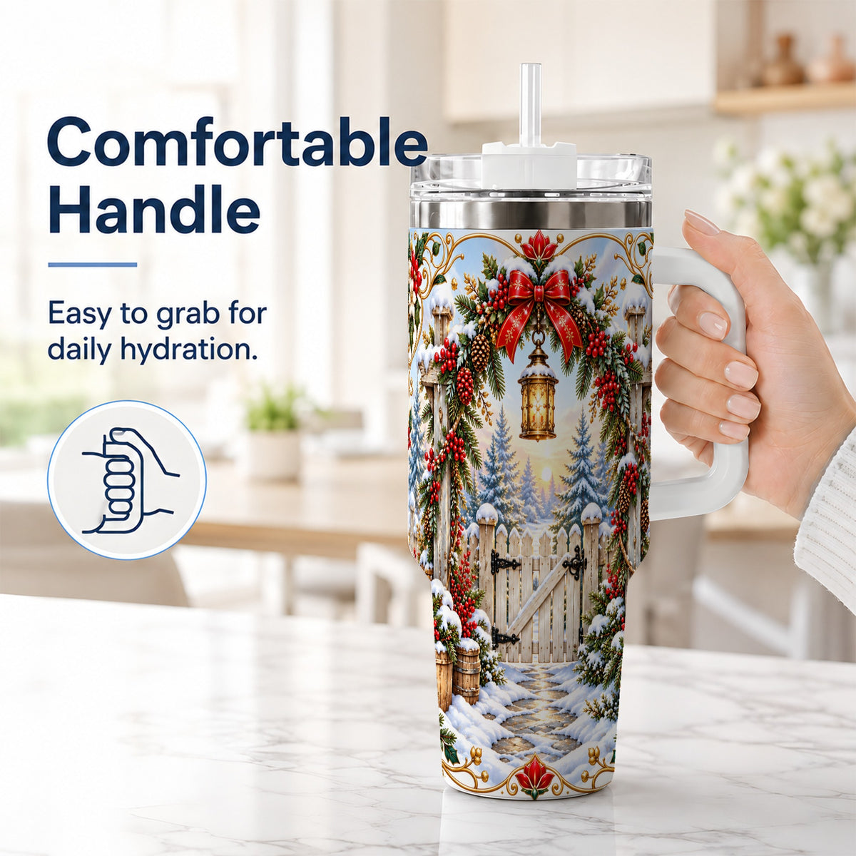 #pl[40oz|White] Winter Garden Gate 40oz Tumbler with Handle, Christmas Lantern Design
