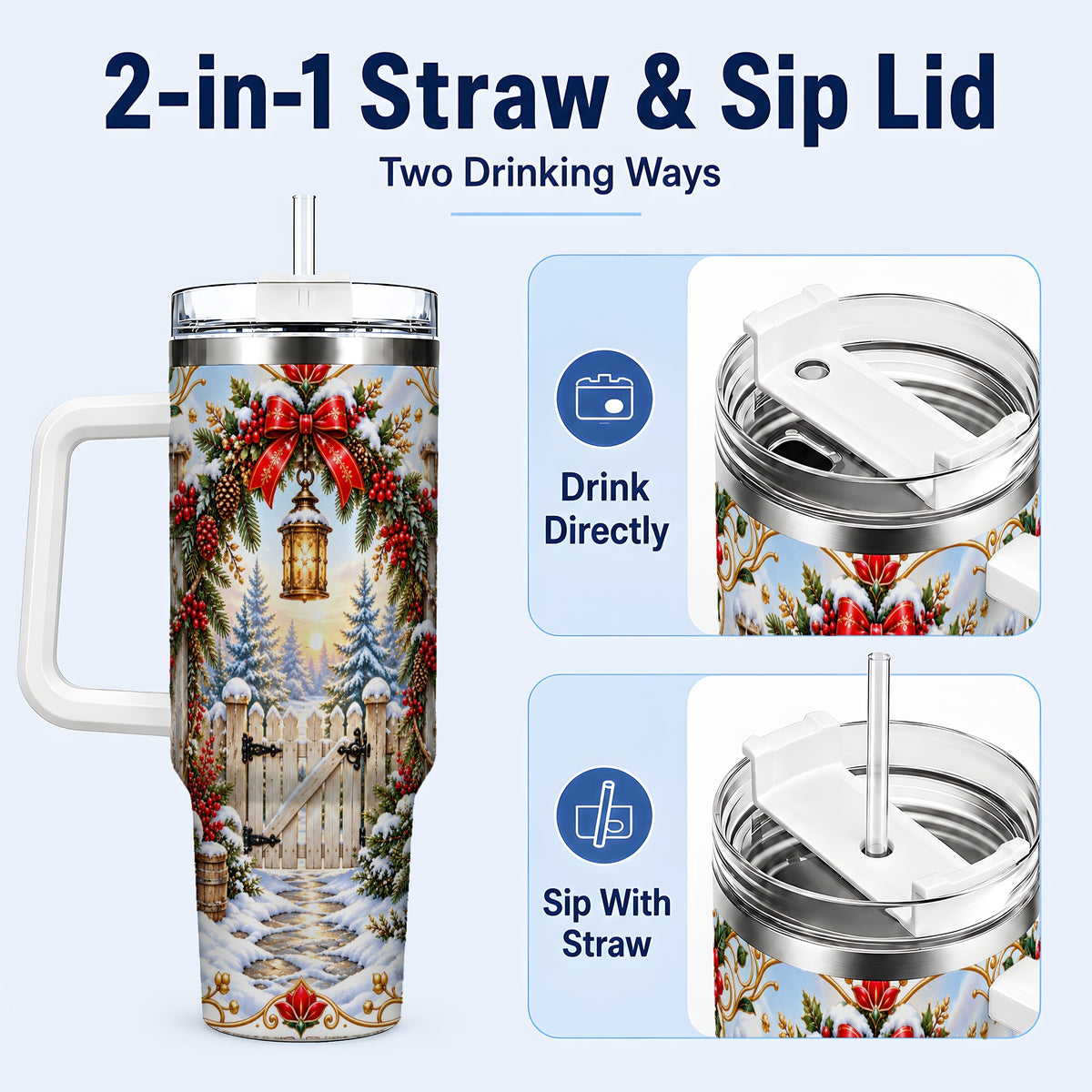 #pl[40oz|White] Winter Garden Gate 40oz Tumbler with Handle, Christmas Lantern Design