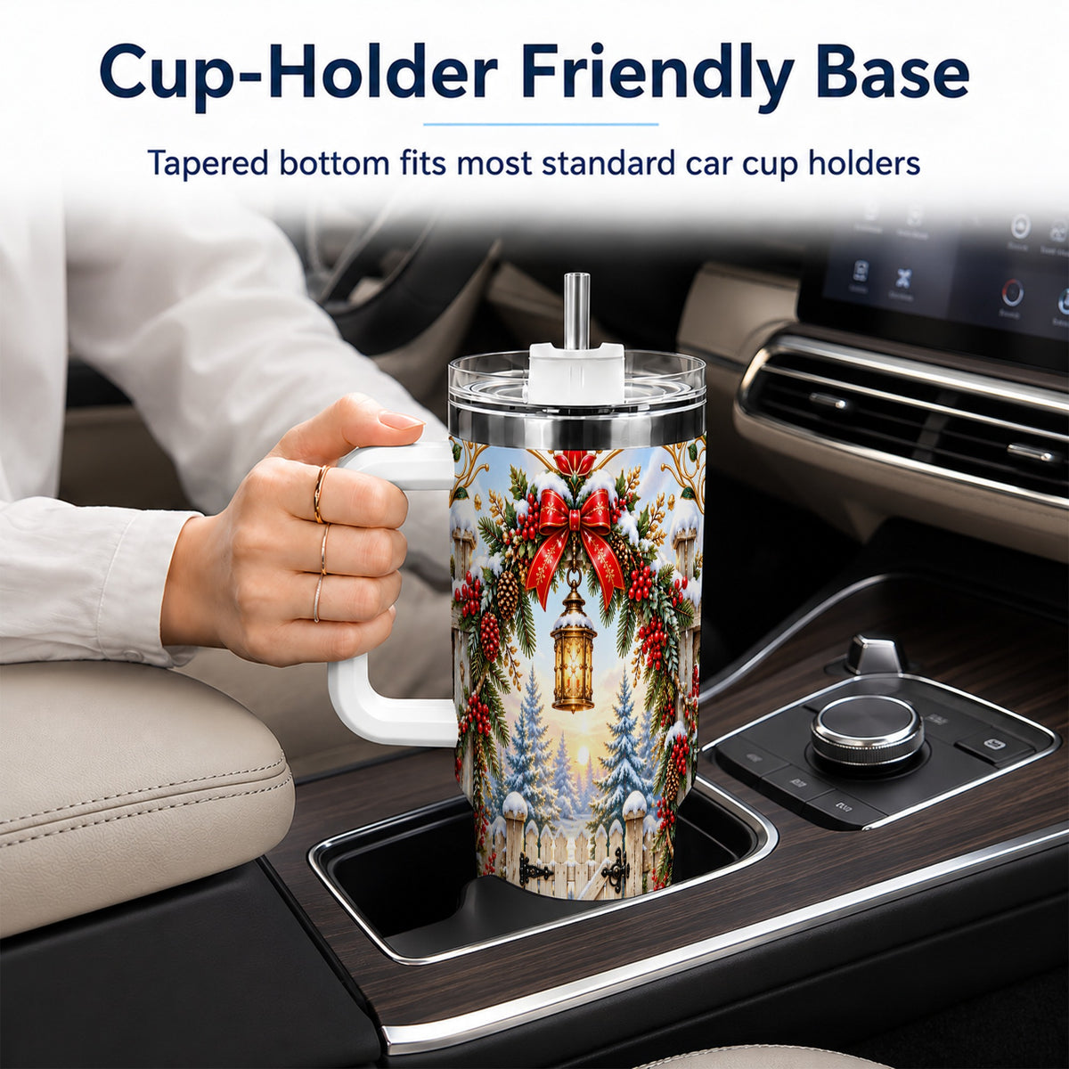 Winter Garden Gate 40oz Tumbler with Handle, Christmas Lantern Design