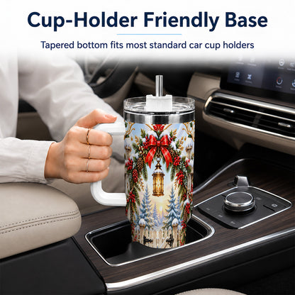 Winter Garden Gate 40oz Tumbler with Handle, Christmas Lantern Design
