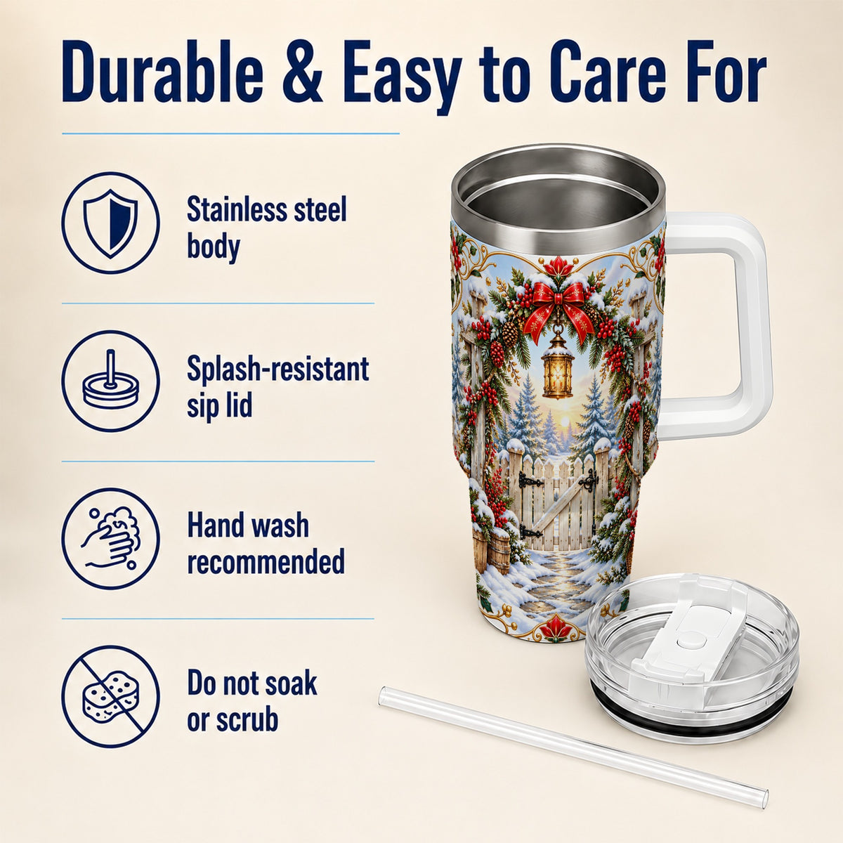 Winter Garden Gate 40oz Tumbler with Handle, Christmas Lantern Design