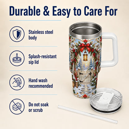 Winter Garden Gate 40oz Tumbler with Handle, Christmas Lantern Design