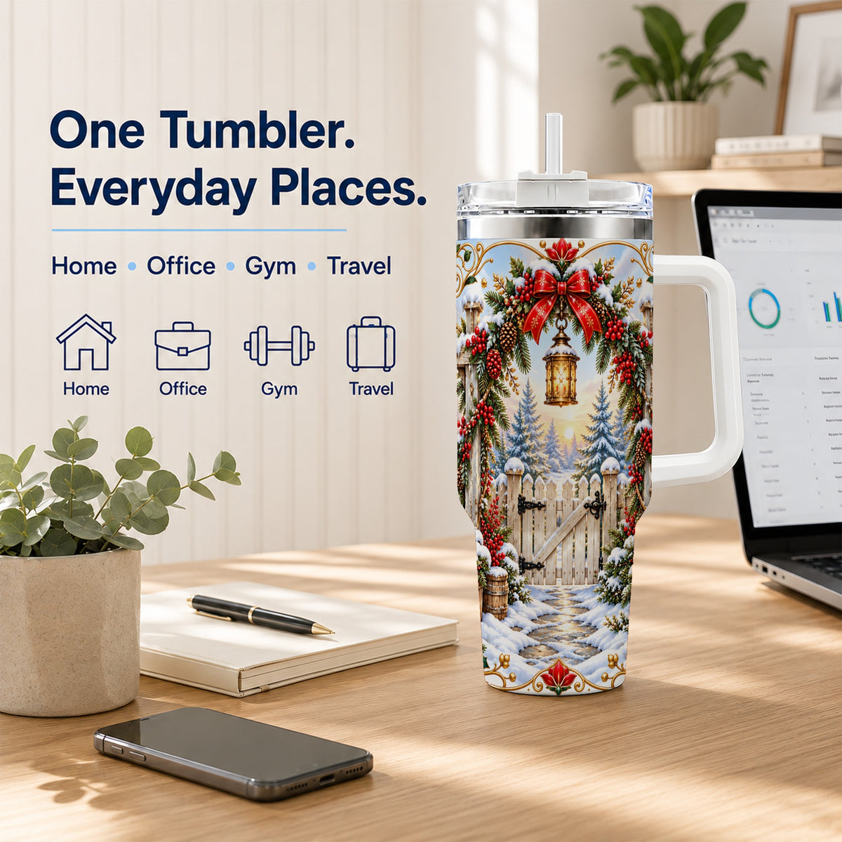 Winter Garden Gate 40oz Tumbler with Handle, Christmas Lantern Design
