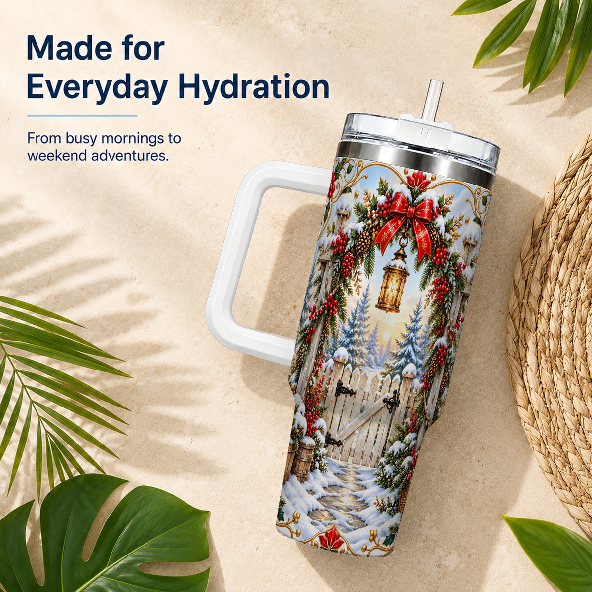 Winter Garden Gate 40oz Tumbler with Handle, Christmas Lantern Design