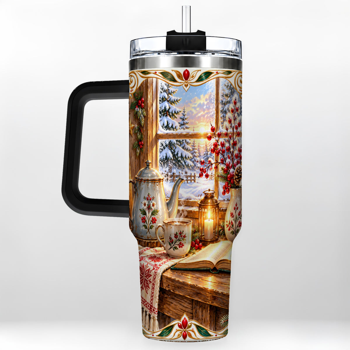 #pl[40oz|Black] Christmas Tea Time 40oz Tumbler with Handle, Cozy Winter Reading Art