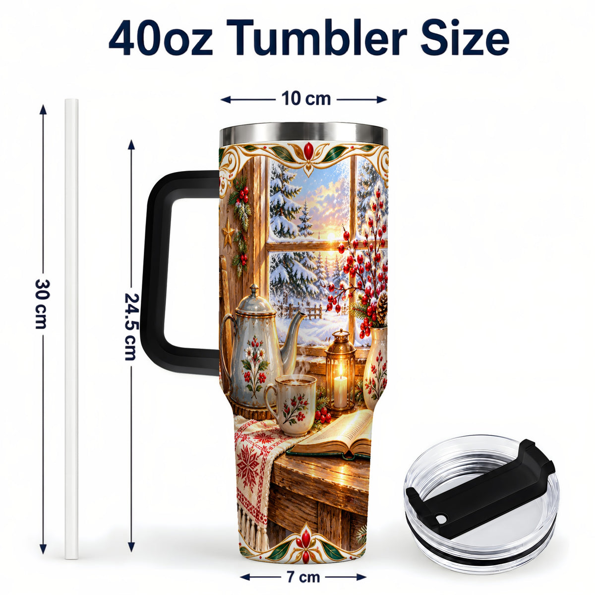#pl[40oz|Black] Christmas Tea Time 40oz Tumbler with Handle, Cozy Winter Reading Art