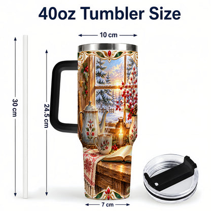 #pl[40oz|Black] Christmas Tea Time 40oz Tumbler with Handle, Cozy Winter Reading Art