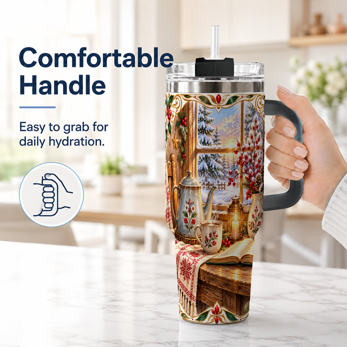 #pl[40oz|Black] Christmas Tea Time 40oz Tumbler with Handle, Cozy Winter Reading Art