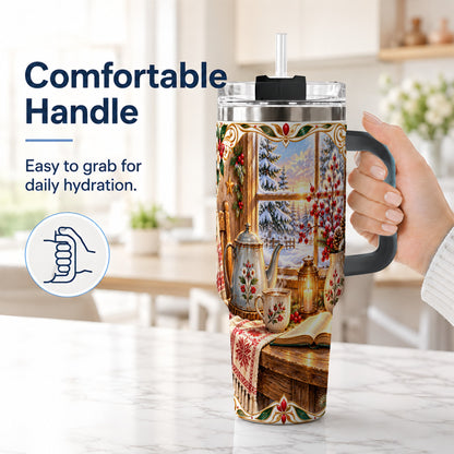 #pl[40oz|Black] Christmas Tea Time 40oz Tumbler with Handle, Cozy Winter Reading Art
