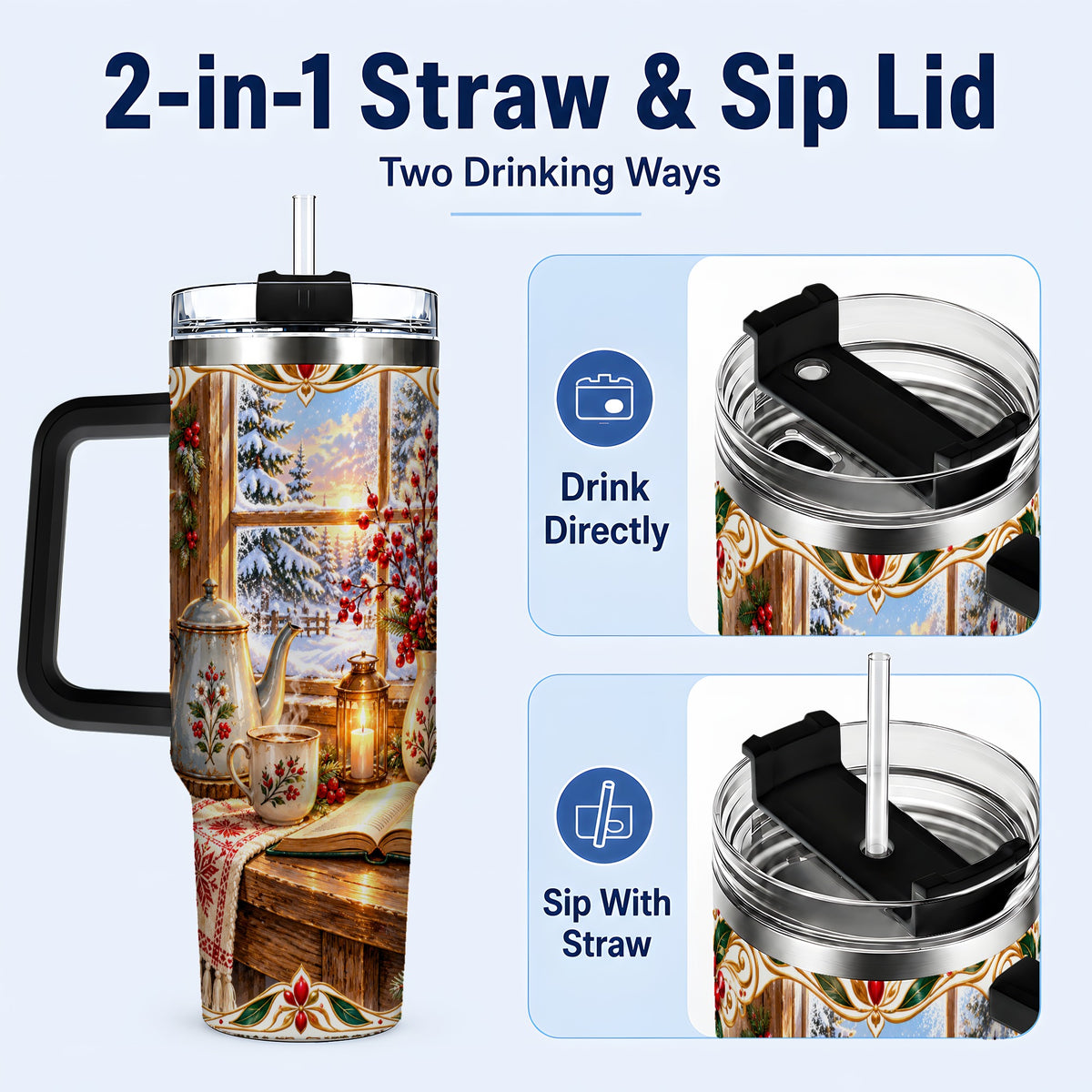 #pl[40oz|Black] Christmas Tea Time 40oz Tumbler with Handle, Cozy Winter Reading Art