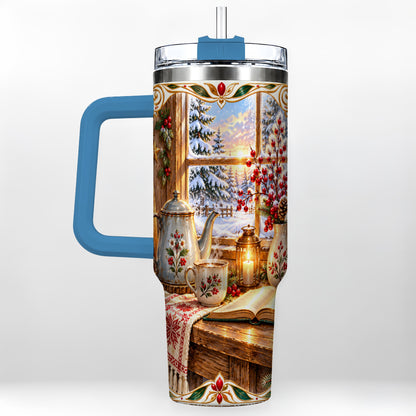 #pl[40oz|Blue] Christmas Tea Time 40oz Tumbler with Handle, Cozy Winter Reading Art