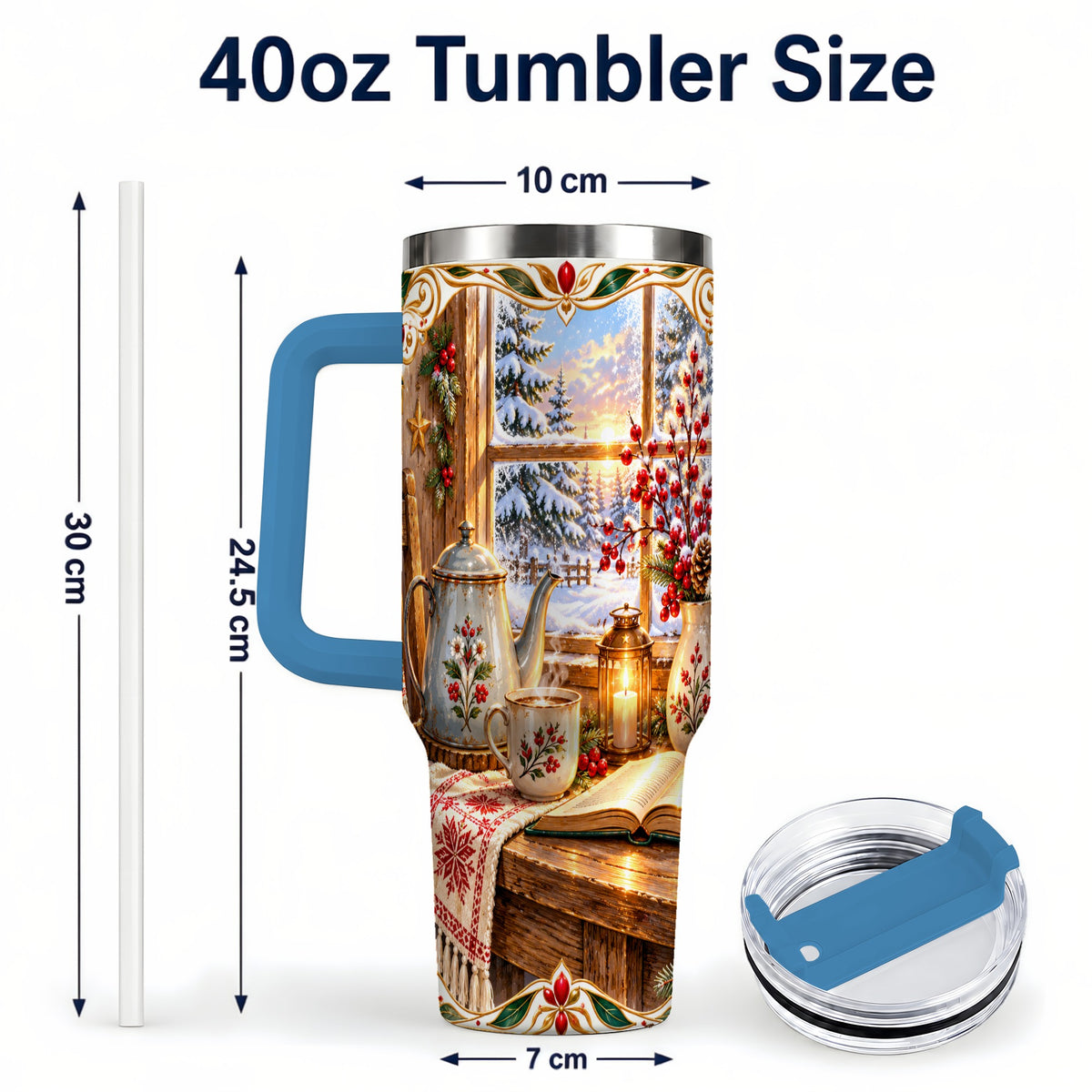 #pl[40oz|Blue] Christmas Tea Time 40oz Tumbler with Handle, Cozy Winter Reading Art