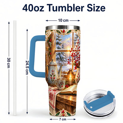 #pl[40oz|Blue] Christmas Tea Time 40oz Tumbler with Handle, Cozy Winter Reading Art