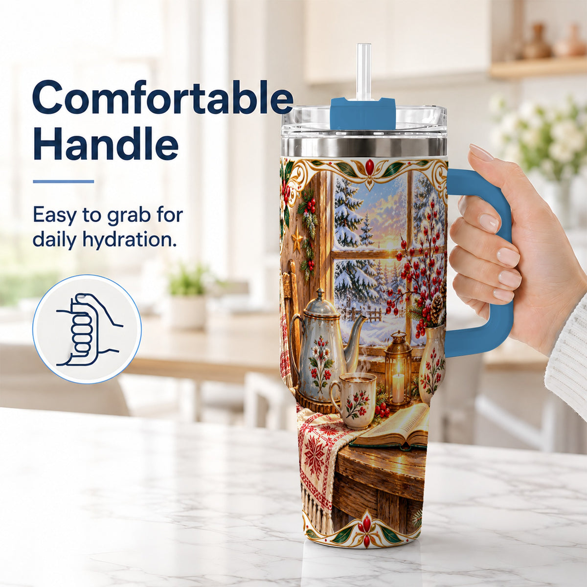 #pl[40oz|Blue] Christmas Tea Time 40oz Tumbler with Handle, Cozy Winter Reading Art