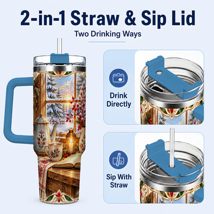 #pl[40oz|Blue] Christmas Tea Time 40oz Tumbler with Handle, Cozy Winter Reading Art