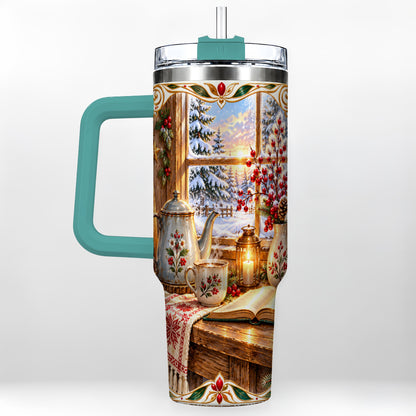 #pl[40oz|Green] Christmas Tea Time 40oz Tumbler with Handle, Cozy Winter Reading Art