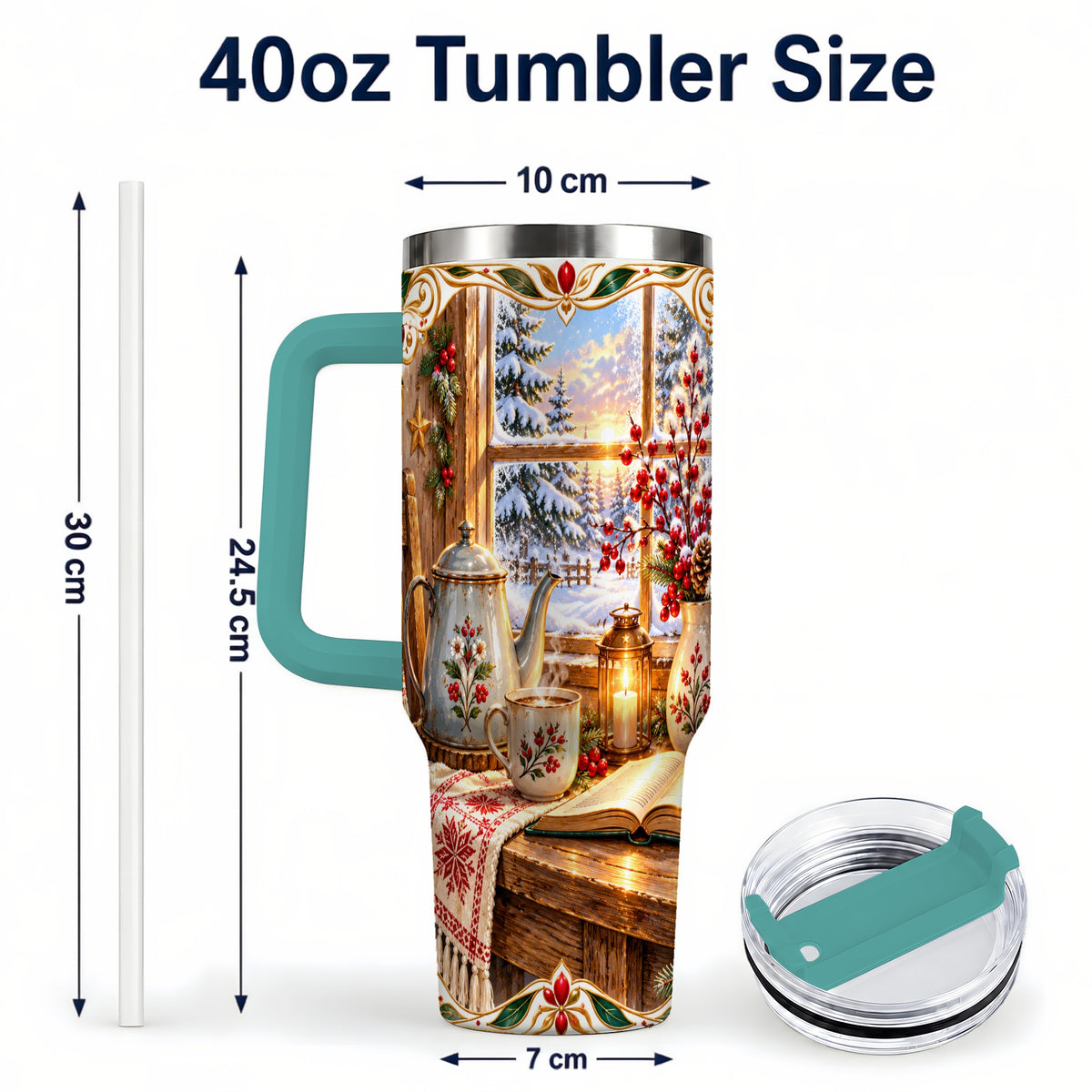 #pl[40oz|Green] Christmas Tea Time 40oz Tumbler with Handle, Cozy Winter Reading Art