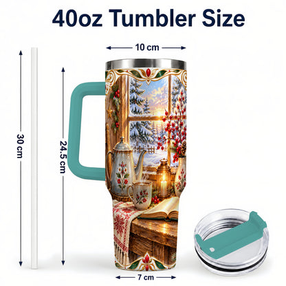 #pl[40oz|Green] Christmas Tea Time 40oz Tumbler with Handle, Cozy Winter Reading Art