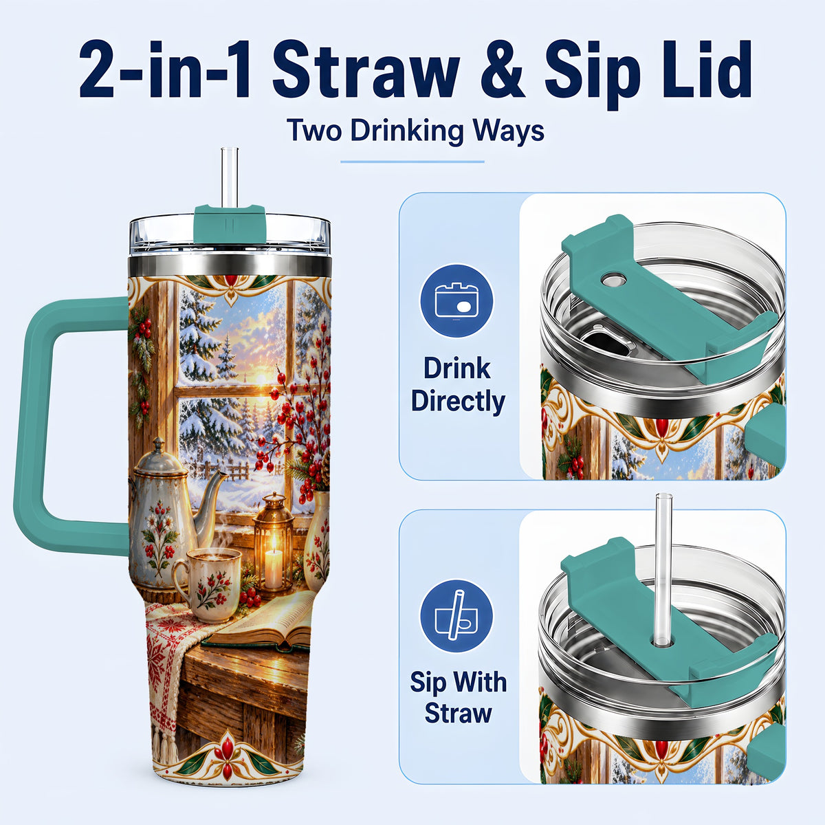 #pl[40oz|Green] Christmas Tea Time 40oz Tumbler with Handle, Cozy Winter Reading Art