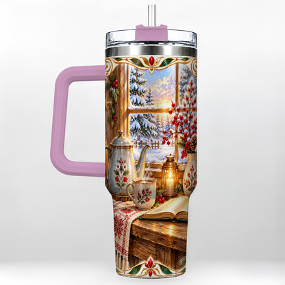 #pl[40oz|Pink] Christmas Tea Time 40oz Tumbler with Handle, Cozy Winter Reading Art