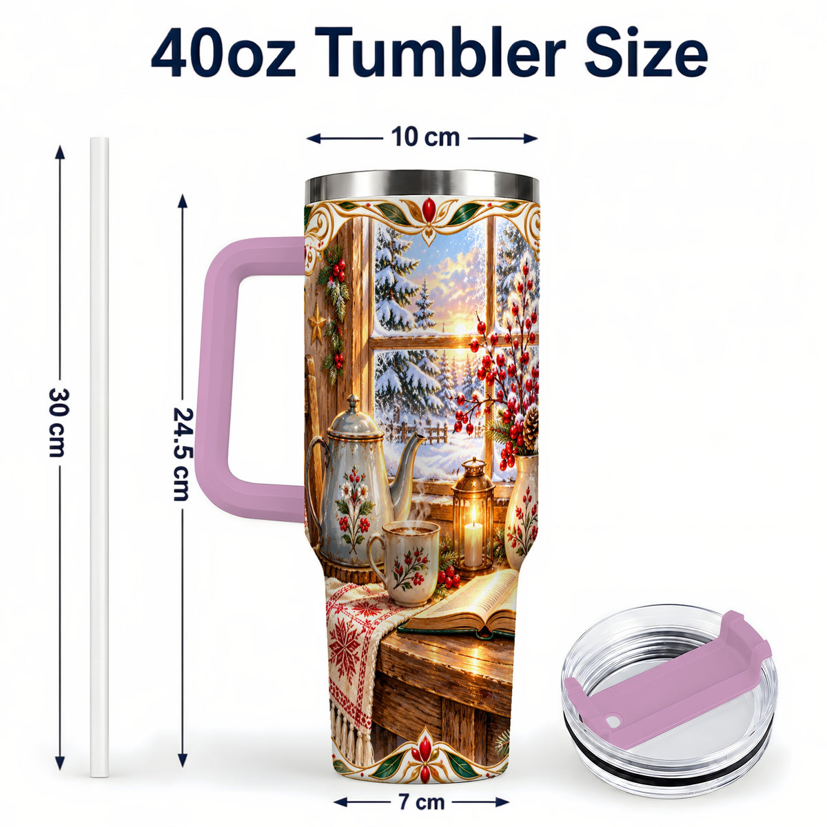 #pl[40oz|Pink] Christmas Tea Time 40oz Tumbler with Handle, Cozy Winter Reading Art