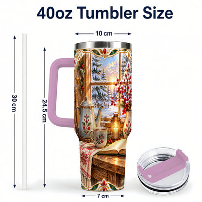 #pl[40oz|Pink] Christmas Tea Time 40oz Tumbler with Handle, Cozy Winter Reading Art