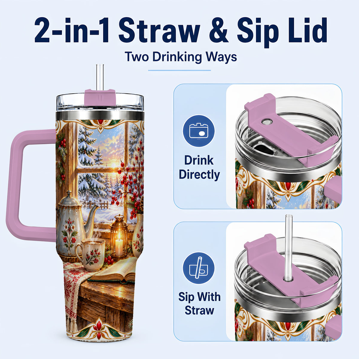#pl[40oz|Pink] Christmas Tea Time 40oz Tumbler with Handle, Cozy Winter Reading Art