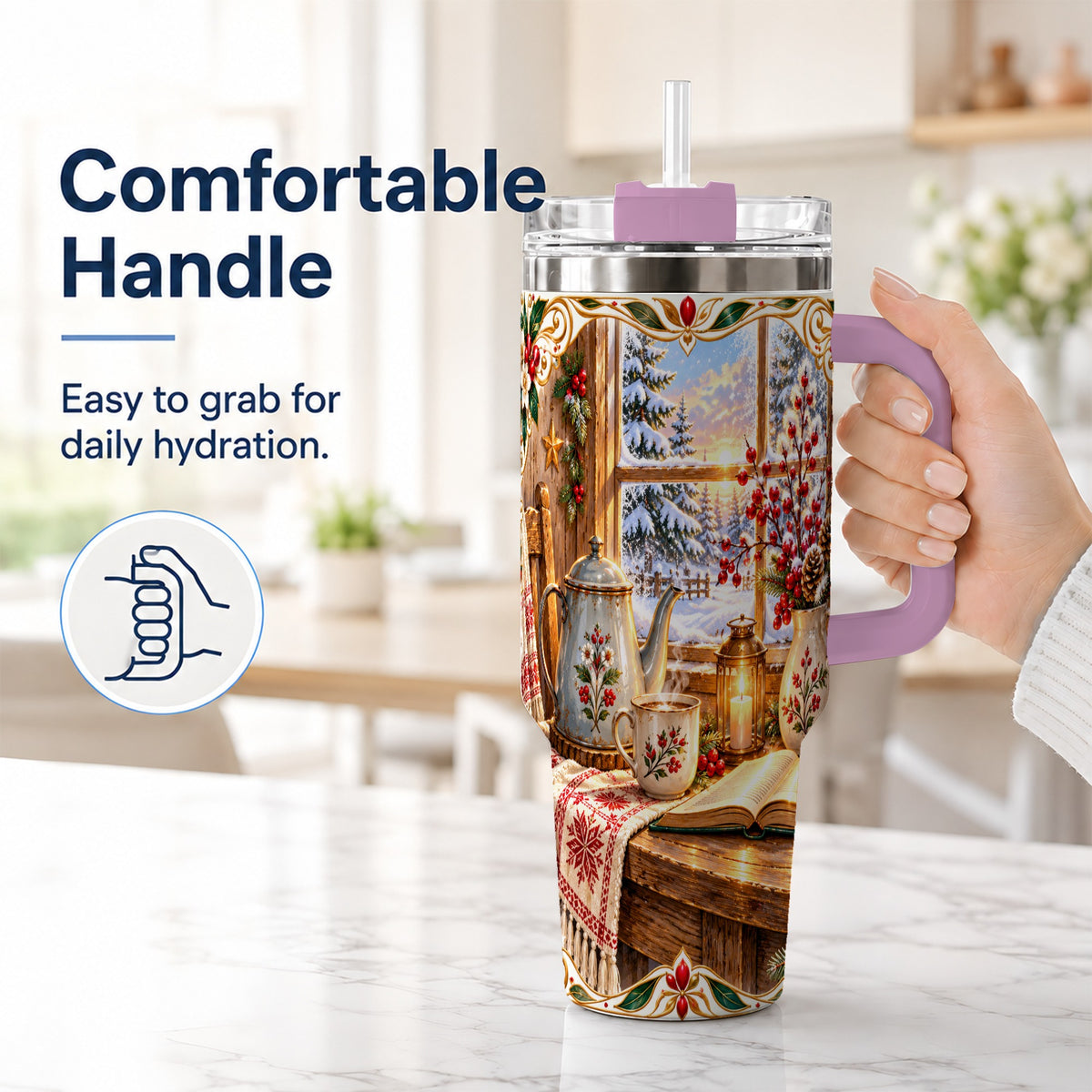#pl[40oz|Pink] Christmas Tea Time 40oz Tumbler with Handle, Cozy Winter Reading Art