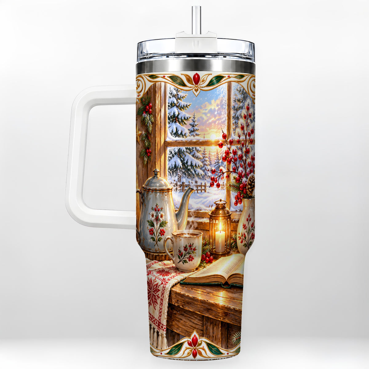 Christmas Tea Time 40oz Tumbler with Handle, Cozy Winter Reading Art