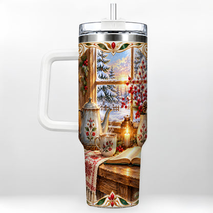 Christmas Tea Time 40oz Tumbler with Handle, Cozy Winter Reading Art
