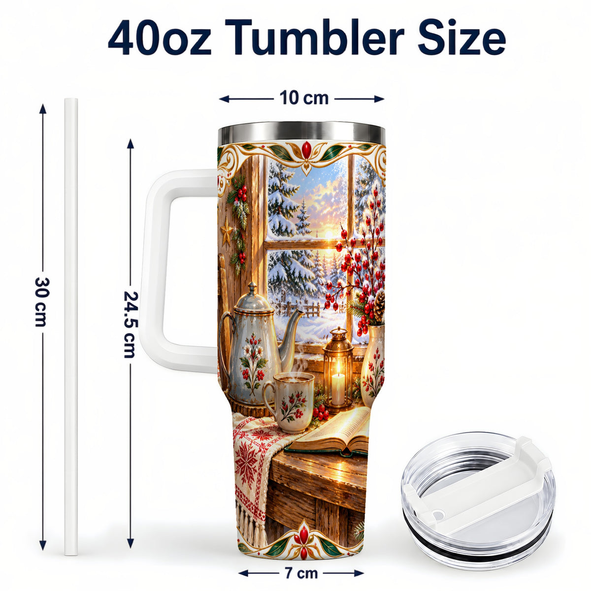 #pl[40oz|White] Christmas Tea Time 40oz Tumbler with Handle, Cozy Winter Reading Art