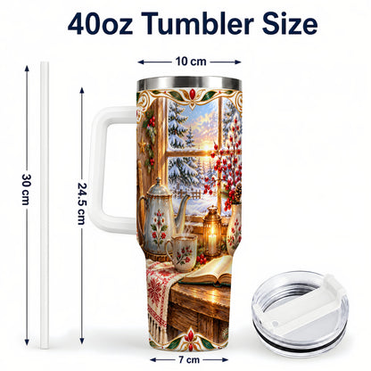#pl[40oz|White] Christmas Tea Time 40oz Tumbler with Handle, Cozy Winter Reading Art