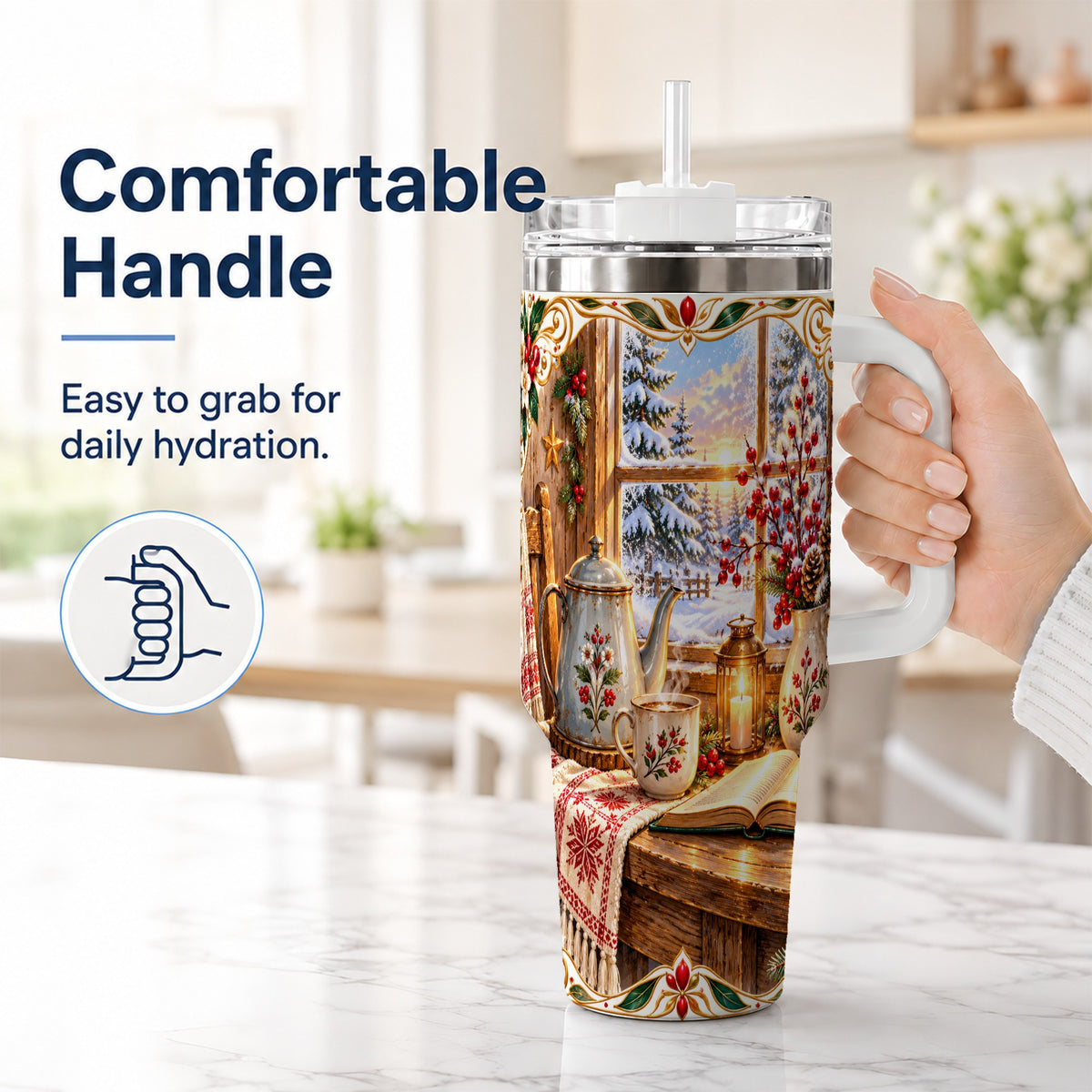 #pl[40oz|White] Christmas Tea Time 40oz Tumbler with Handle, Cozy Winter Reading Art