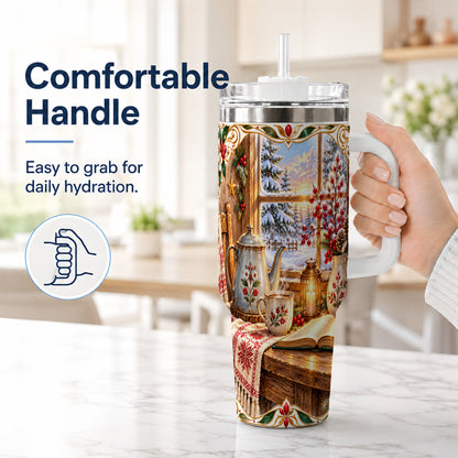 #pl[40oz|White] Christmas Tea Time 40oz Tumbler with Handle, Cozy Winter Reading Art