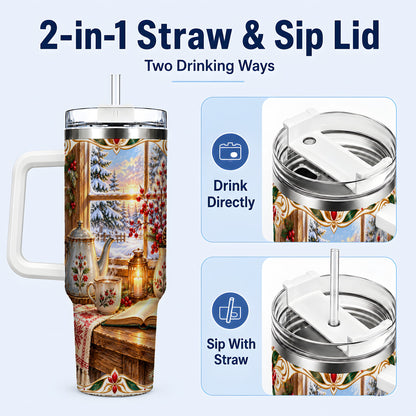 #pl[40oz|White] Christmas Tea Time 40oz Tumbler with Handle, Cozy Winter Reading Art