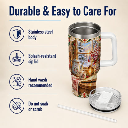 Christmas Tea Time 40oz Tumbler with Handle, Cozy Winter Reading Art