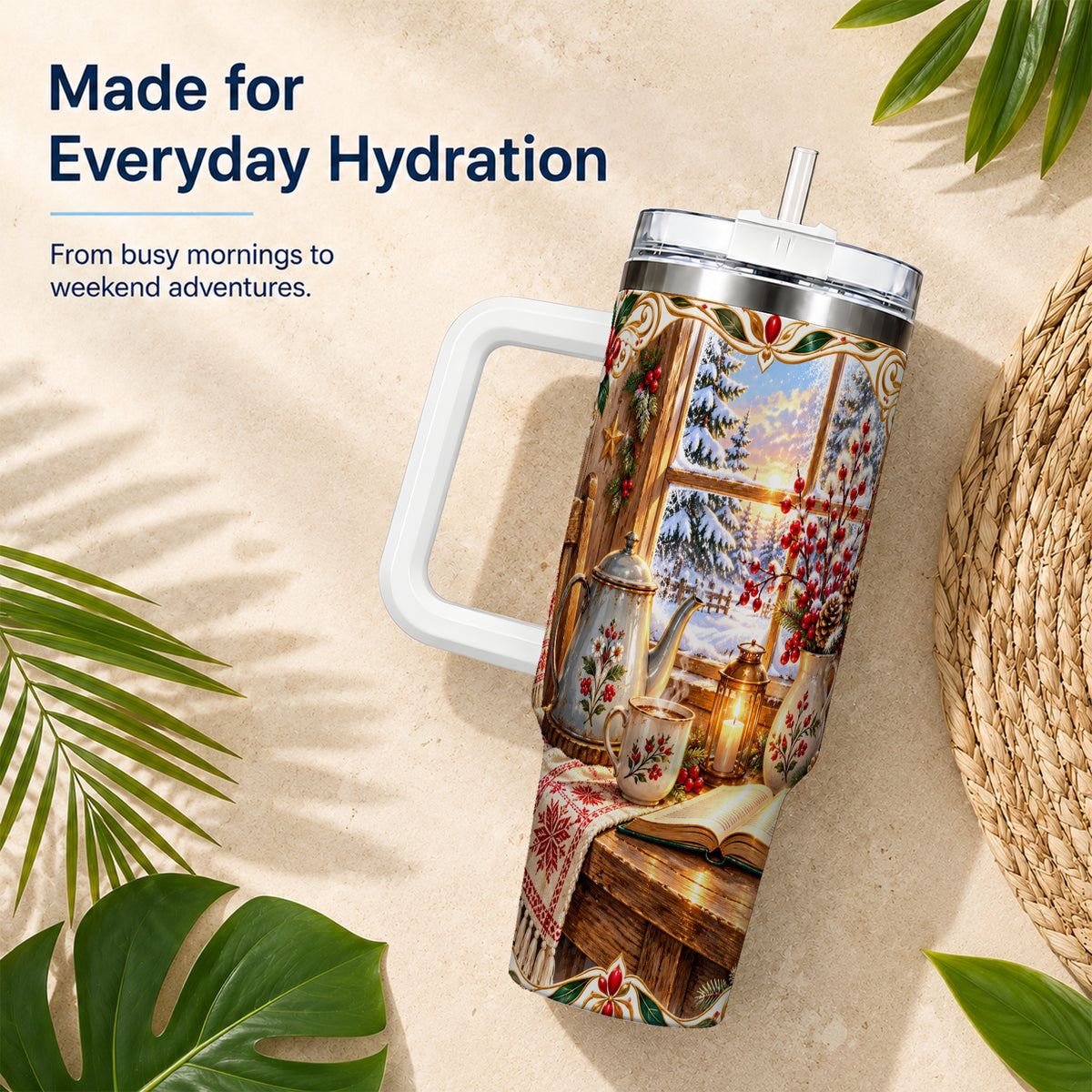 Christmas Tea Time 40oz Tumbler with Handle, Cozy Winter Reading Art