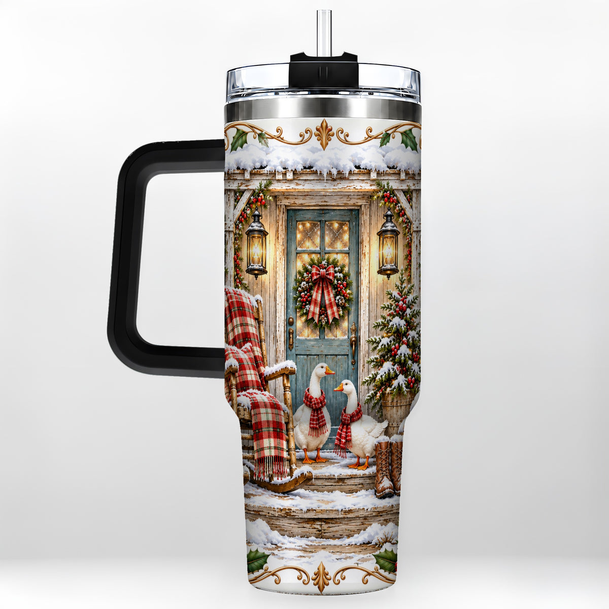 #pl[40oz|Black] Christmas Goose 40oz Tumbler with Handle, Snowy Farmhouse Holiday Art