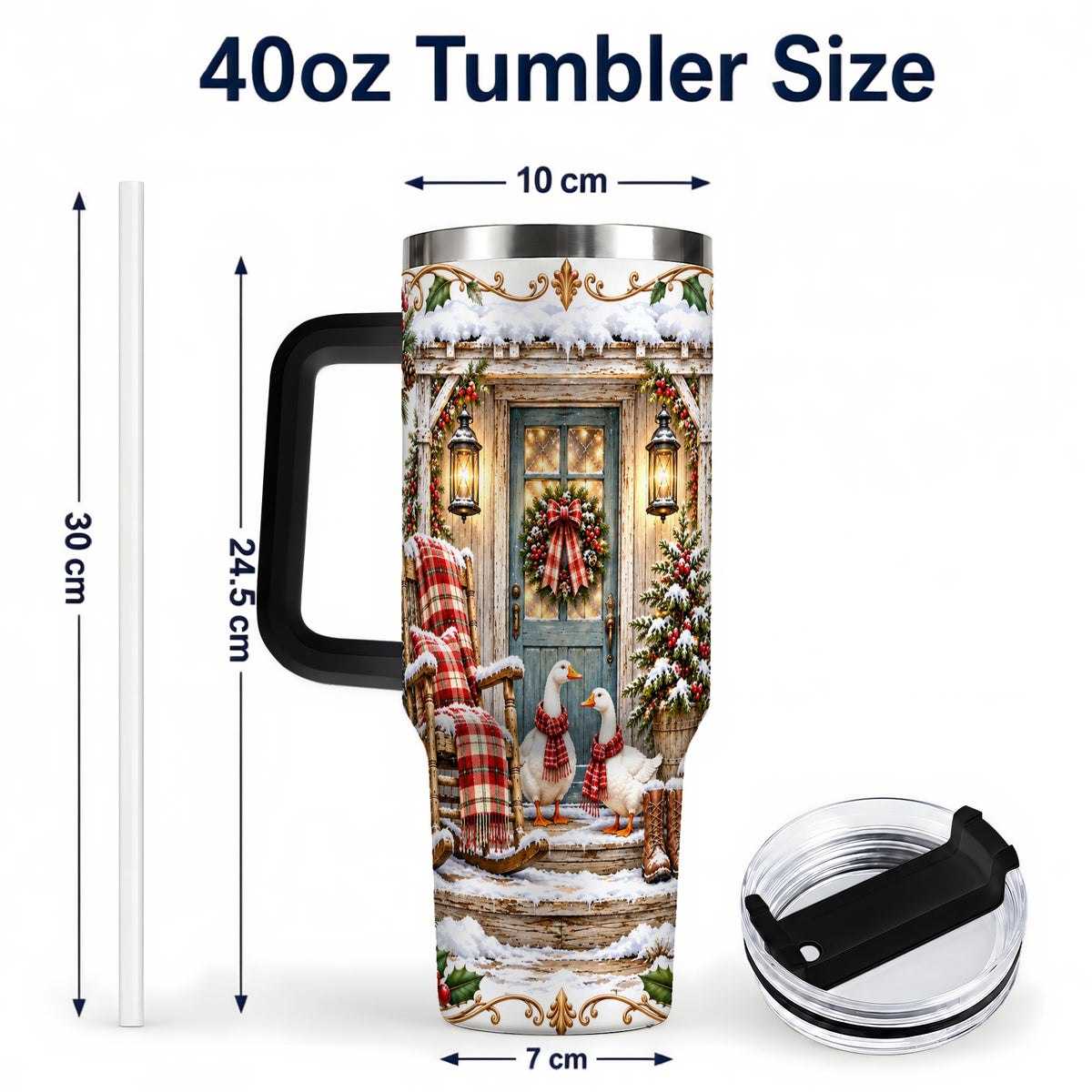 #pl[40oz|Black] Christmas Goose 40oz Tumbler with Handle, Snowy Farmhouse Holiday Art